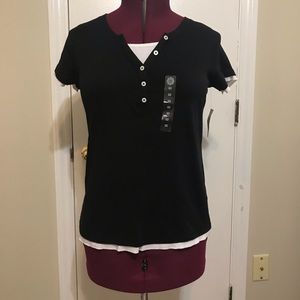 NWT Made for life Petite half button White & Black short sleeves Tee